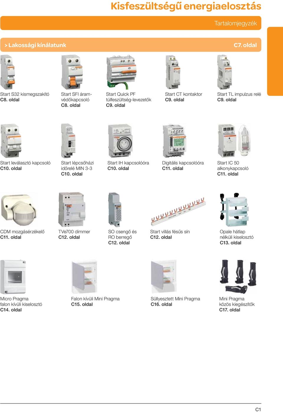 oldal Start IC 50 alkonykapcsoló C11. oldal CDM mozgásérzékelő C11. oldal TVe700 dimmer C12. oldal SO csengő és RO berregő C12. oldal Start villás fésűs sín C12.