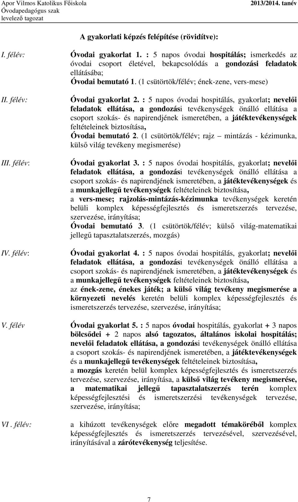 félév: IV. félév: Óvodai gyakorlat 2.