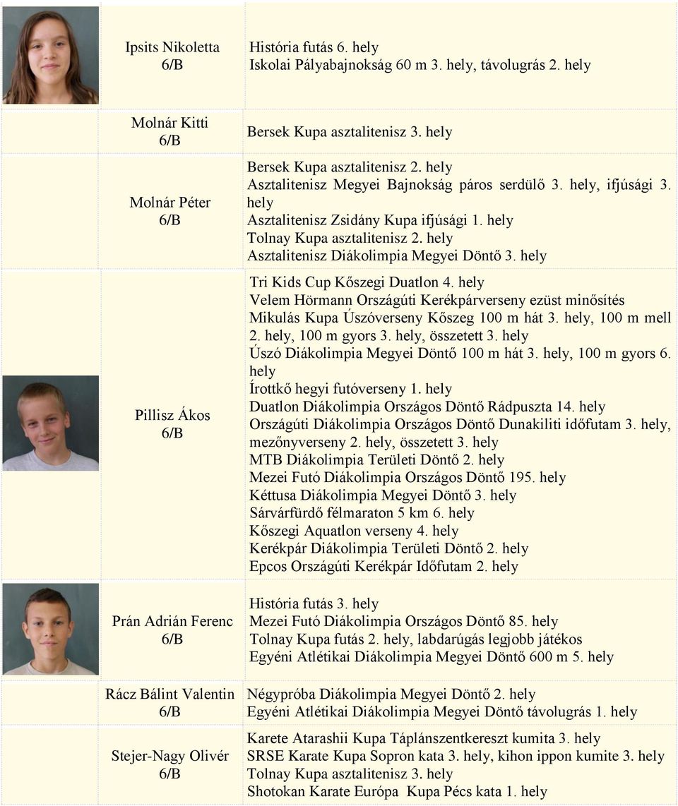 Asztalitenisz Megyei Bajnokság páros serdülő 3., ifjúsági 3. Asztalitenisz Zsidány Kupa ifjúsági 1. Tolnay Kupa asztalitenisz 2. Asztalitenisz Diákolimpia Megyei Döntő 3.