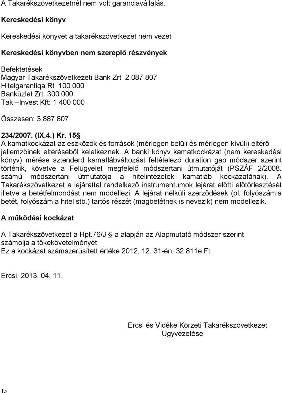 000 Banküzlet Zrt. 300.000 Tak Invest Kft: 1 400 000 Összesen: 3.887.807 234/2007. (IX.4.) Kr.