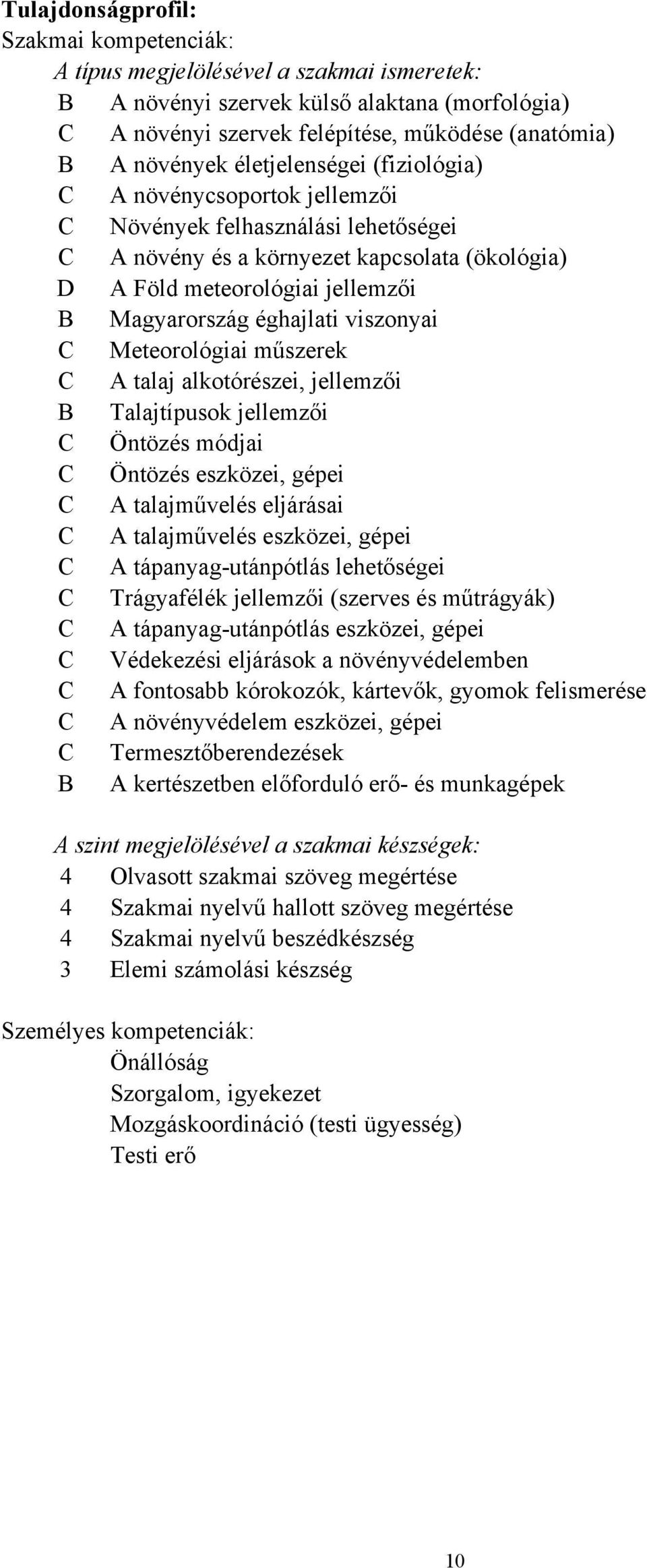 éghajlati viszonyai C Meteorológiai műszerek C A talaj alkotórészei, jellemzői B Talajtípusok jellemzői C Öntözés módjai C Öntözés eszközei, gépei C A talajművelés eljárásai C A talajművelés