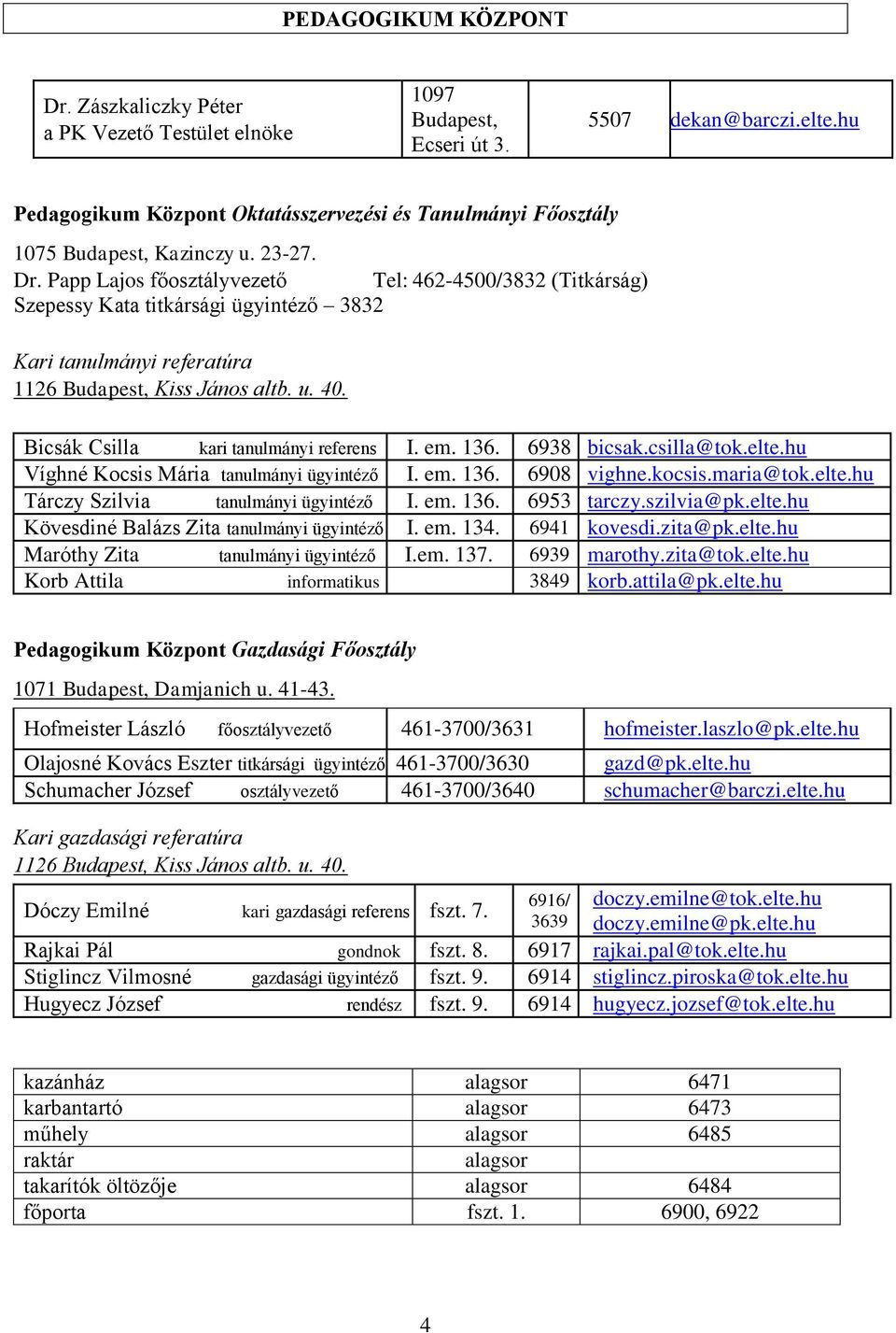 Papp Lajos főosztályvezető Tel: 462-4500/3832 (Titkárság) Szepessy Kata titkársági 3832 Kari tanulmányi referatúra 1126 Budapest, Kiss János altb. u. 40. Bicsák Csilla kari tanulmányi referens I. em.