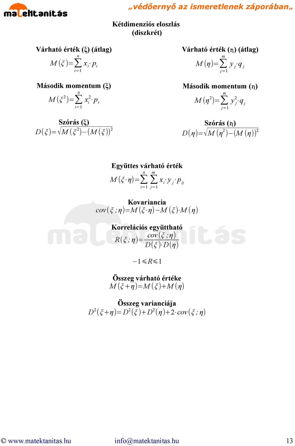 2 ) (M (η)) 2 Együttes várható érték M (ξ η)= m j=1 x i y j p ij Kovariacia cov(ξ ;η)=m (ξ η) M (ξ ) M (η) Korrelációs együttható cov(ξ ;η) R(ξ ; η)=