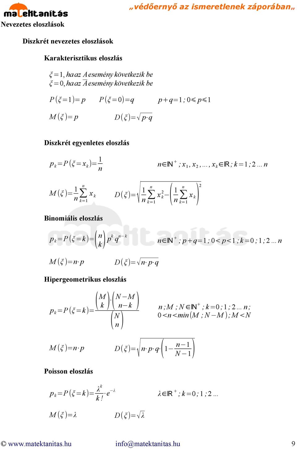 .., x k R ; k=1 ;2 M (ξ )= 1 x k D(ξ k=1 )= 1 k=1 Biomiális eloszlás x 2 k ( 1 2 x k=1 k) p k =P (ξ =k)= ( k) pk q k N + ; p+q=1 ; 0< p<1 ;k=0 ;1 ;2 M (ξ )= p D(ξ )= p q