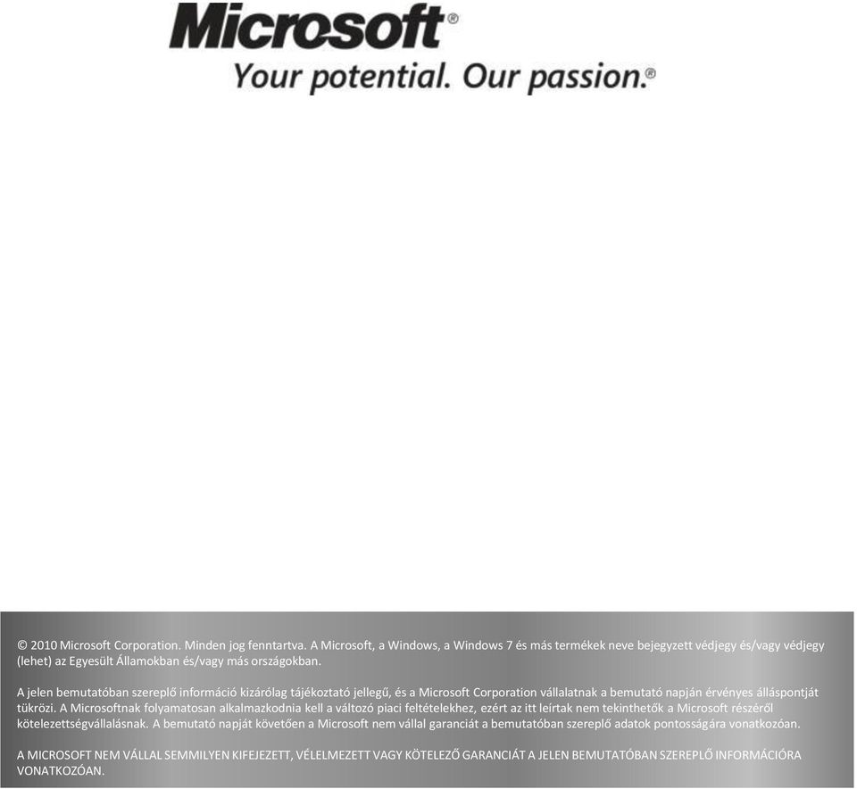 A Microsoftnak folyamatosan alkalmazkodnia kell a változó piaci feltételekhez, ezért az itt leírtak nem tekinthetők a Microsoft részéről kötelezettségvállalásnak.