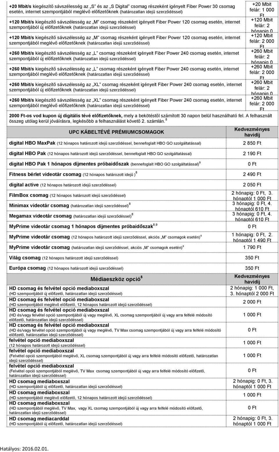 sávszélesség az M csomag részeként igényelt Fiber Power 120 csomag esetén, internet szempontjából meglévő előfizetőknek (határozatlan idejű szerződéssel) +260 Mbit/s kiegészítő sávszélesség az L