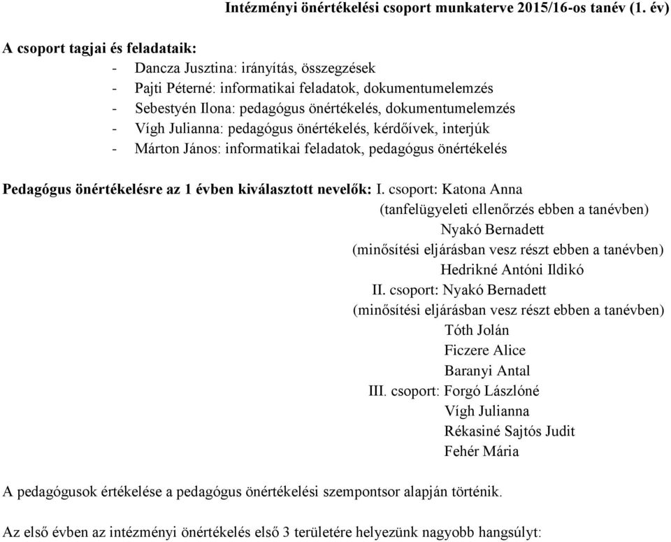 Vígh Julianna: pedagógus önértékelés, kérdőívek, interjúk - Márton János: informatikai feladatok, pedagógus önértékelés Pedagógus önértékelésre az 1 évben kiválasztott nevelők: I.