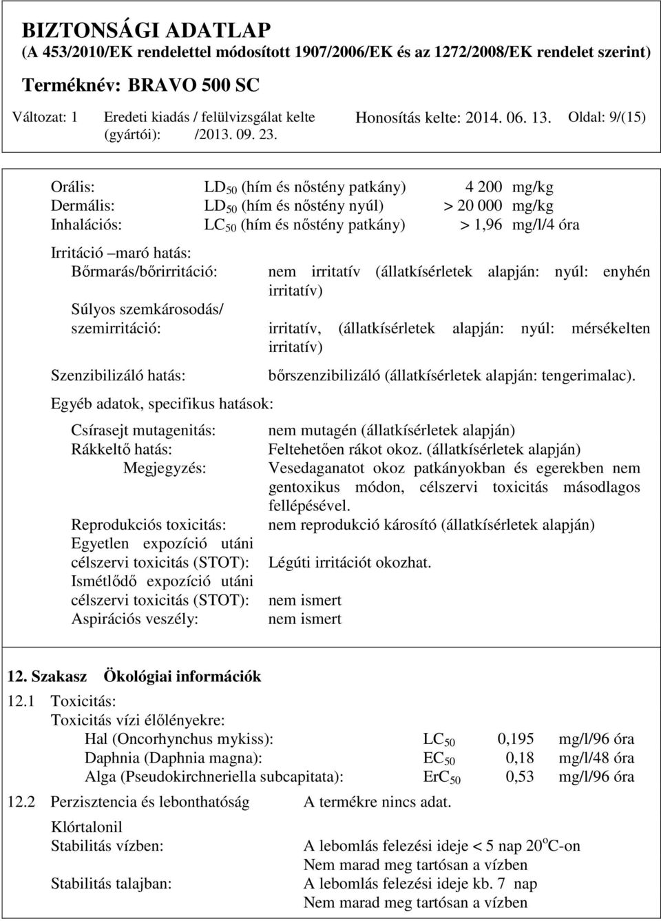 hatás: Bőrmarás/bőrirritáció: nem irritatív (állatkísérletek alapján: nyúl: enyhén irritatív) Súlyos szemkárosodás/ szemirritáció: irritatív, (állatkísérletek alapján: nyúl: mérsékelten irritatív)