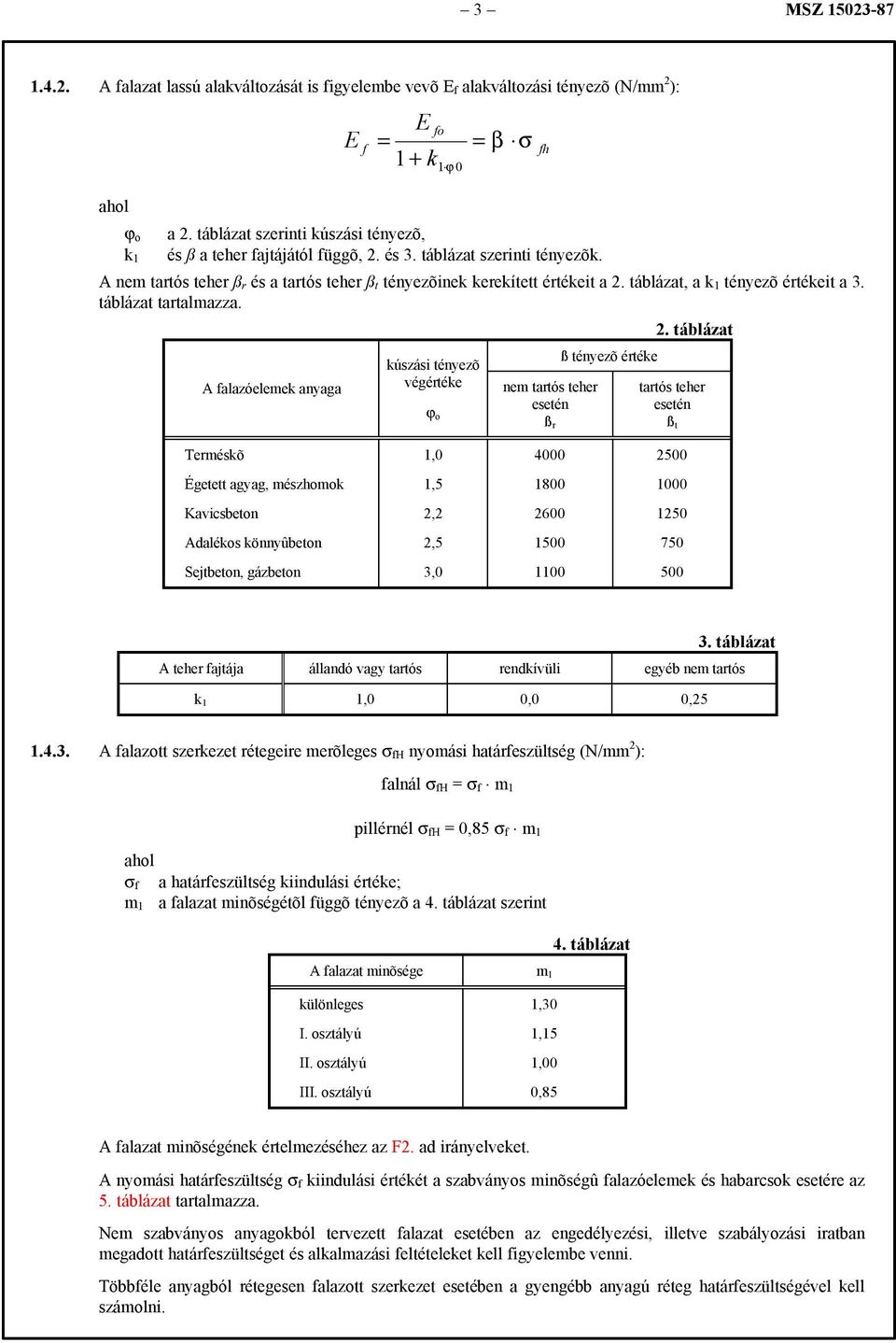 táblázat, a k 1 tényezõ értékeit a 3. táblázat tartalmazza. A falazóelemek anyaga kúszási tényezõ végértéke ϕ o fh nem tartós teher esetén ß r ß tényezõ értéke 2.