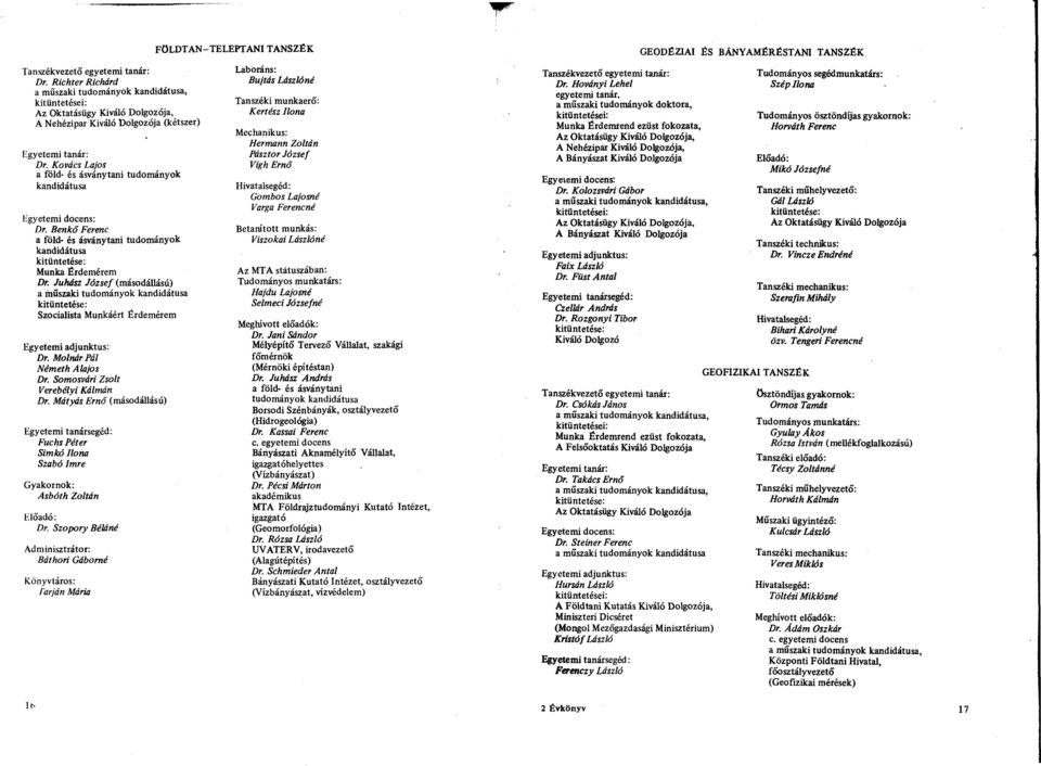 Juhász József (másodállású) műszki tudományok kndidátus Szocilist Munkáért Érdemérem Egyetemi djunktus: Dr. Molnár Pál Németh Aljos Dr. Somosvári Zsolt Verebélyi Kálmán Dr.