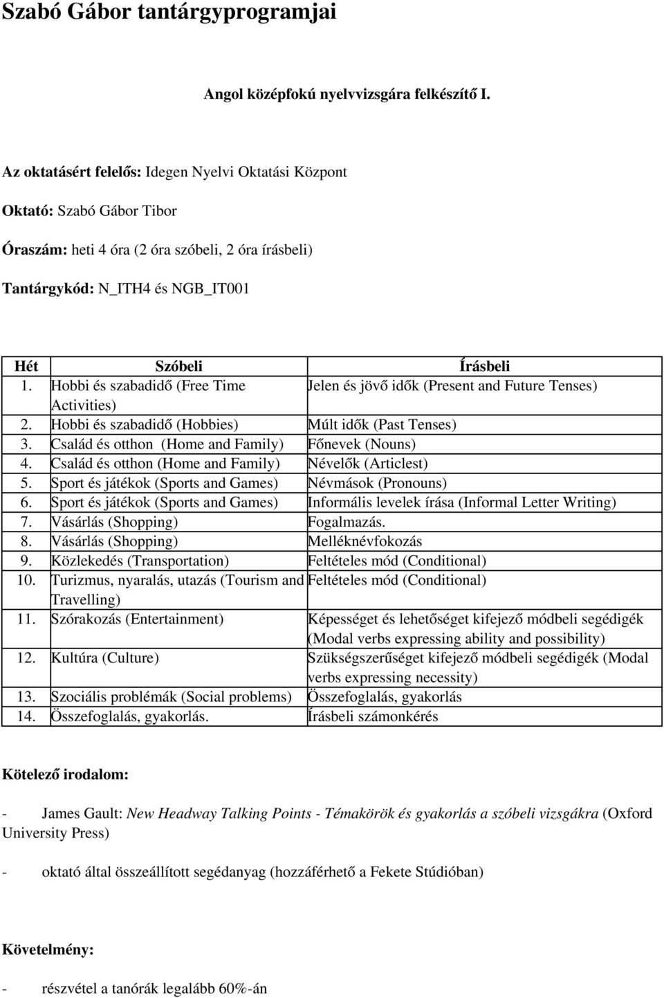 Hobbi és szabadidő (Free Time Jelen és jövő idők (Present and Future Tenses) Activities) 2. Hobbi és szabadidő (Hobbies) Múlt idők (Past Tenses) 3.