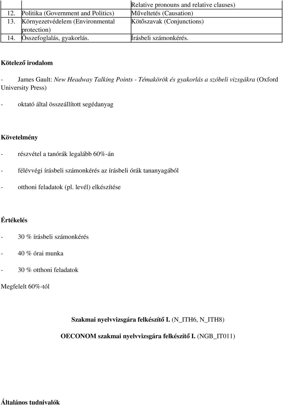 Kötelező irodalom - James Gault: New Headway Talking Points - Témakörök és gyakorlás a szóbeli vizsgákra (Oxford University Press) - oktató által összeállított segédanyag Követelmény - részvétel
