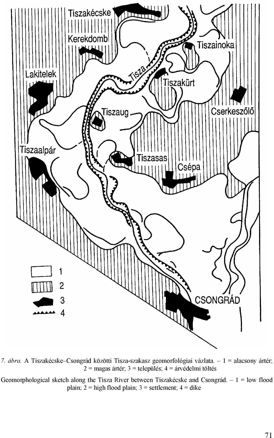 1 = alacsony ártér; 2 = magas ártér; 3 = település; 4 = árvédelmi töltés