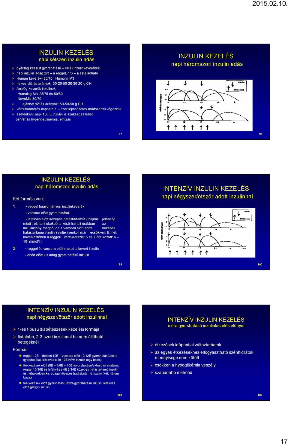 esetenként napi 100 E inzulin is szükséges lehet perifériás hyperinzulinémia, elhízás INZULIN KEZELÉS napi háromszori inzulin adás 97 98 Két formája van: INZULIN KEZELÉS napi háromszori inzulin adás