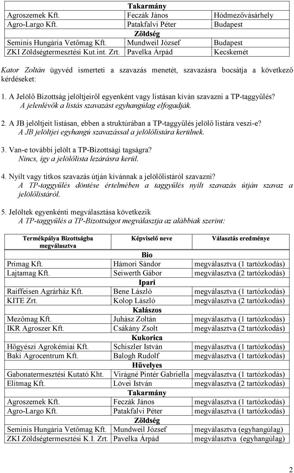 A JB jelöltjeit listásan, ebben a struktúrában a TP-taggyűlés jelölő listára veszi-e? A JB jelöltjei egyhangú szavazással a jelölőlistára kerülnek. 3. Van-e további jelölt a TP-Bizottsági tagságra?