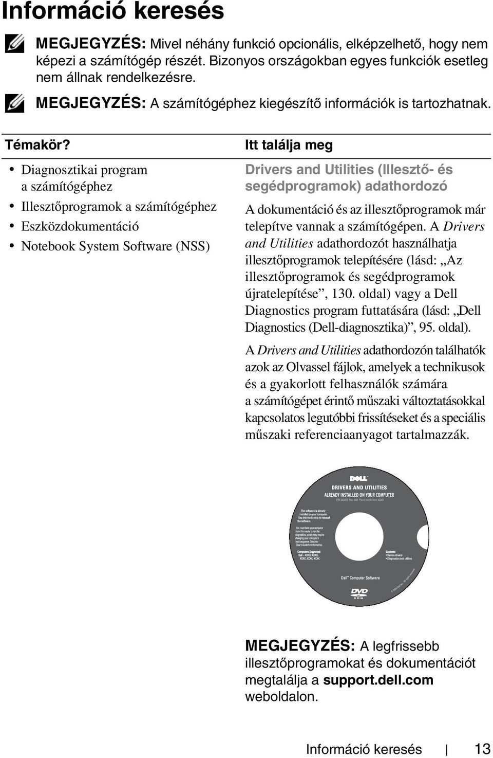 Diagnosztikai program a számítógéphez Illesztőprogramok a számítógéphez Eszközdokumentáció Notebook System Software (NSS) Itt találja meg Drivers and Utilities (Illesztő- és segédprogramok)