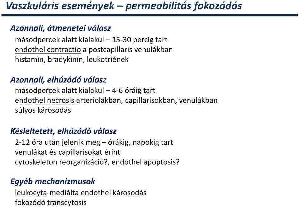 arteriolákban, capillarisokban, venulákban súlyos károsodás Késleltetett, elhúzódó válasz 2-12 óra után jelenik meg órákig, napokig tart venulákat