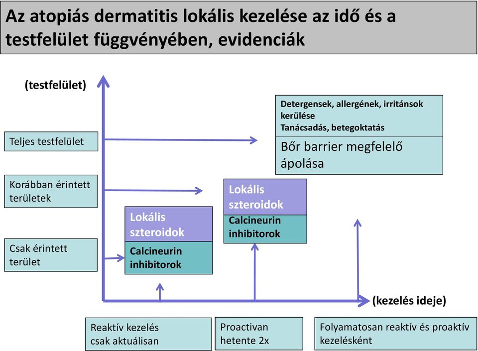 szteroidok Calcineurin inhibitorok Detergensek, allergének, irritánsok kerülése Tanácsadás, betegoktatás Bőr barrier