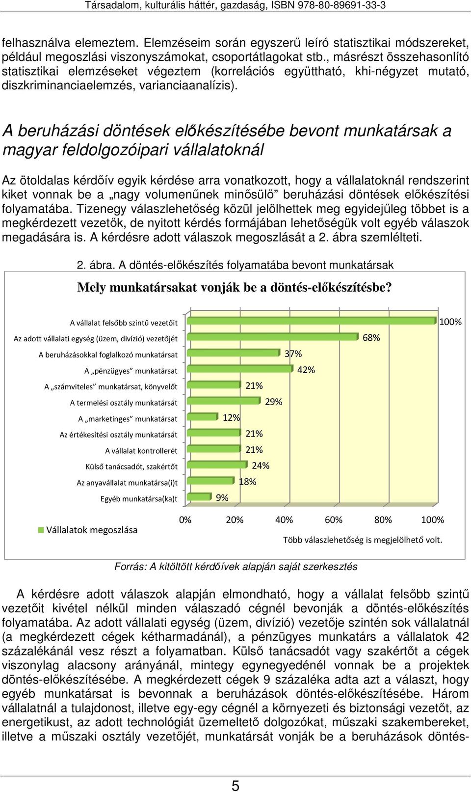 A beruházási döntések előkészítésébe bevont munkatársak a magyar feldolgozóipari vállalatoknál Az ötoldalas kérdőív egyik kérdése arra vonatkozott, hogy a vállalatoknál rendszerint kiket vonnak be a