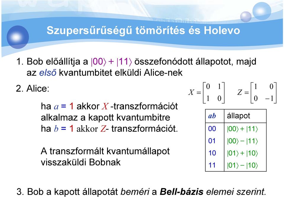 Alice: ha a = akkor X -transzformációt alkalmaz a kapott kvantumbitre ha b = akkor Z-