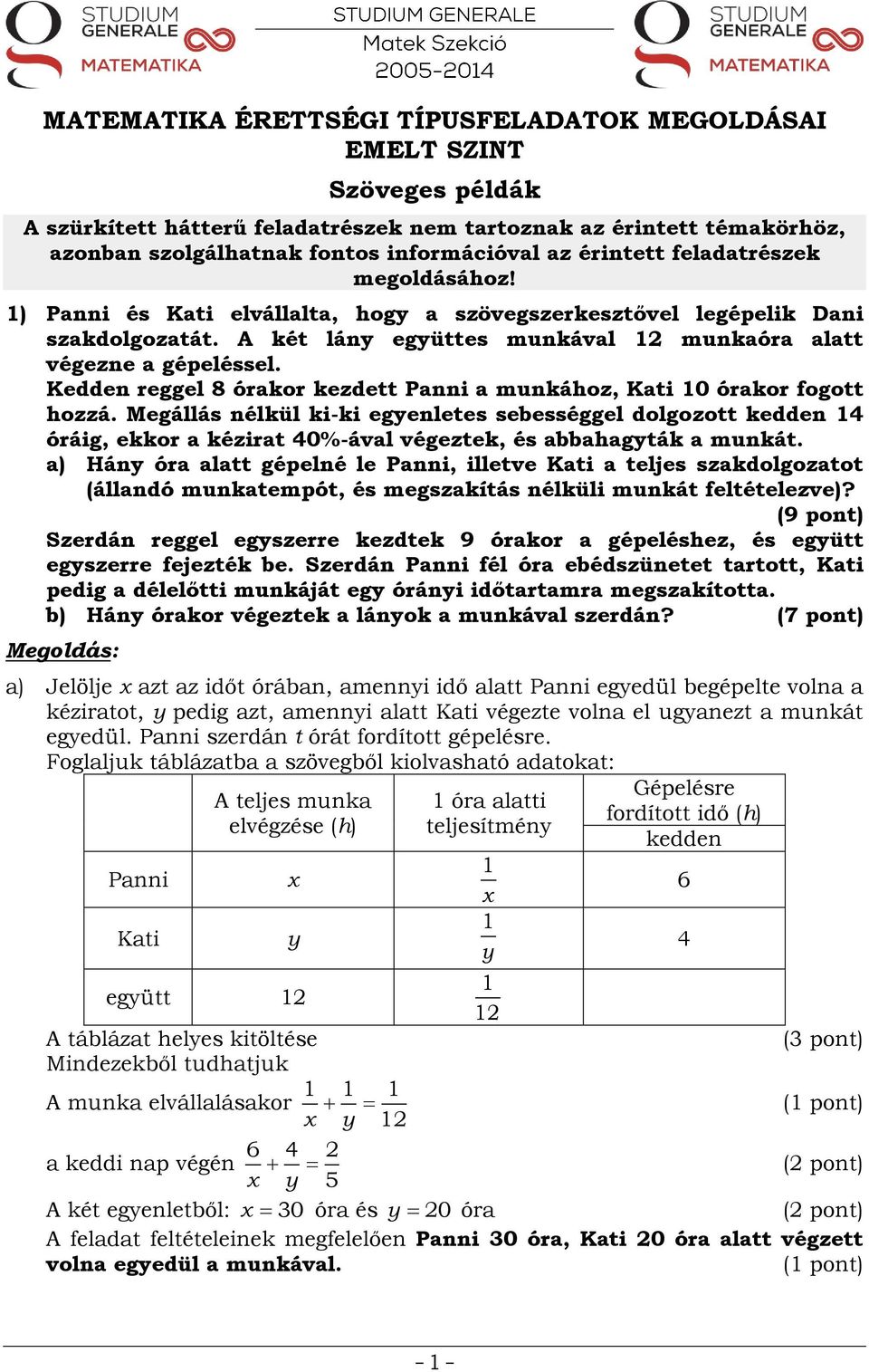 Kedden reggel 8 órakor kezdett Panni a munkához, Kati 0 órakor fogott hozzá.