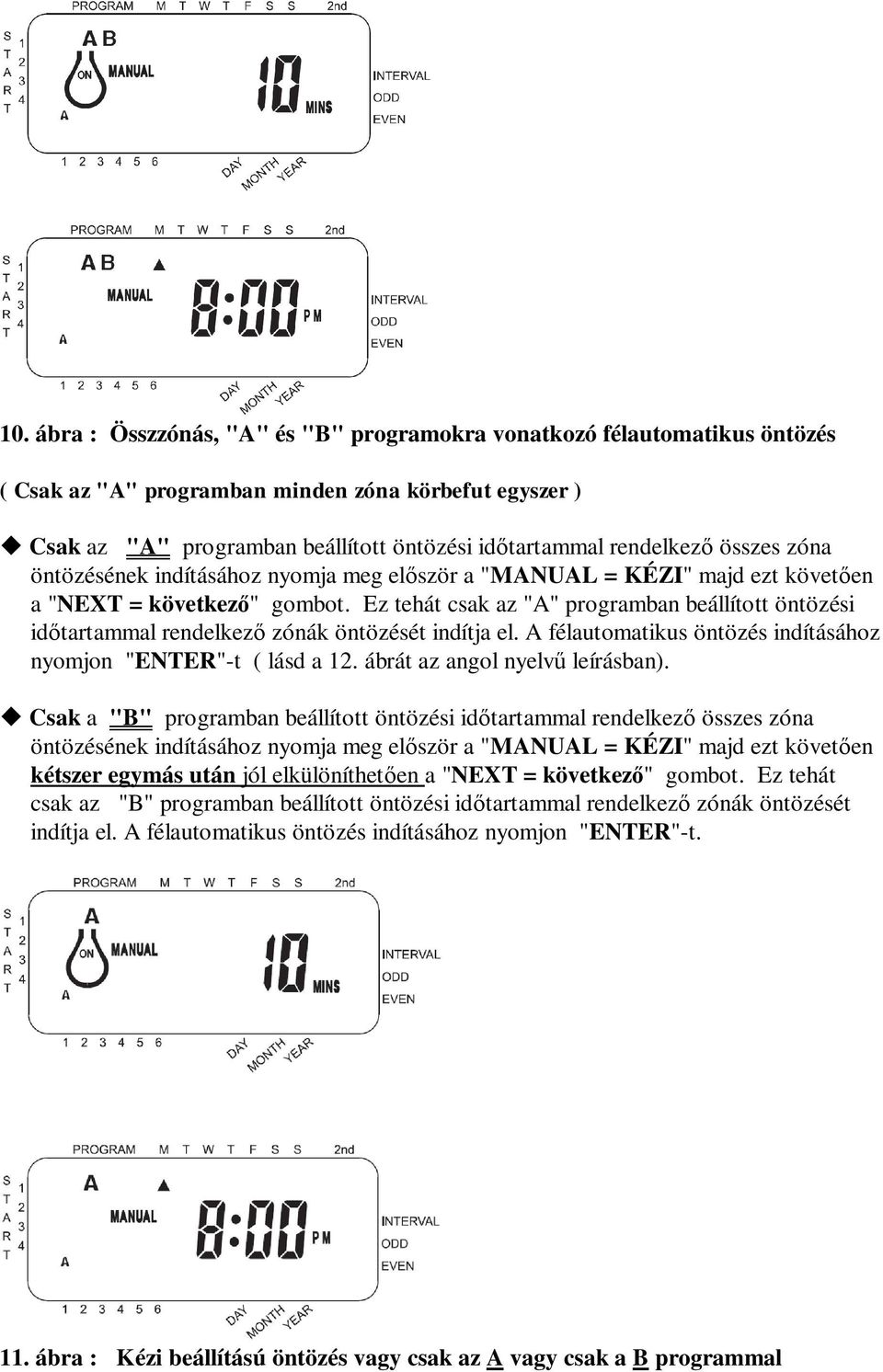 Ez tehát csak az "A" programban beállított öntözési időtartammal rendelkező zónák öntözését indítja el. A félautomatikus öntözés indításához nyomjon "ENTER"-t ( lásd a 12.