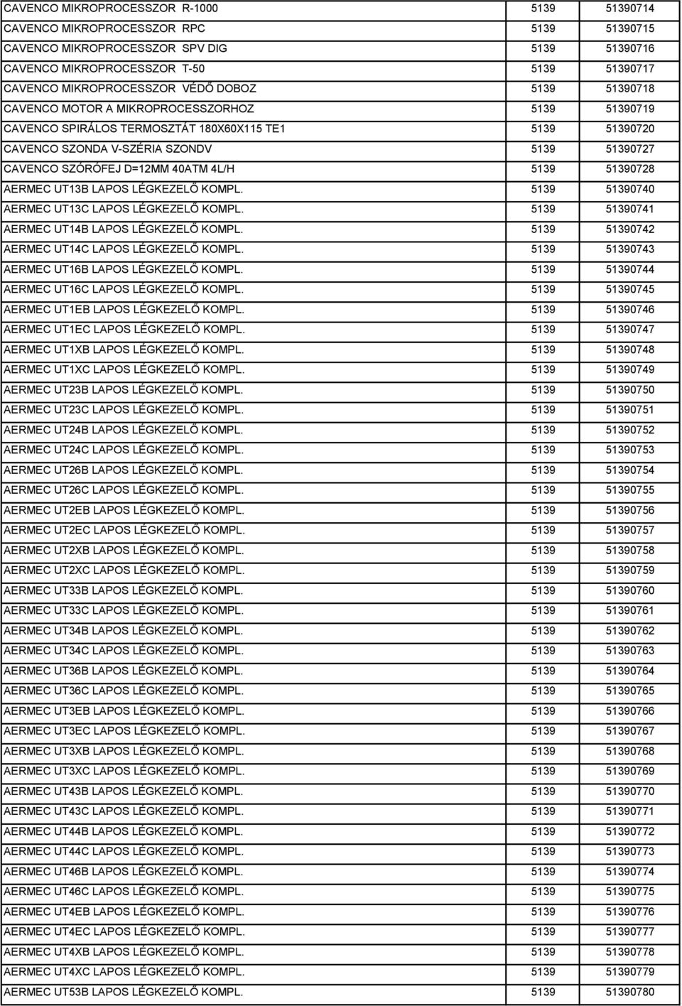40ATM 4L/H 5139 51390728 AERMEC UT13B LAPOS LÉGKEZELŐ KOMPL. 5139 51390740 AERMEC UT13C LAPOS LÉGKEZELŐ KOMPL. 5139 51390741 AERMEC UT14B LAPOS LÉGKEZELŐ KOMPL.