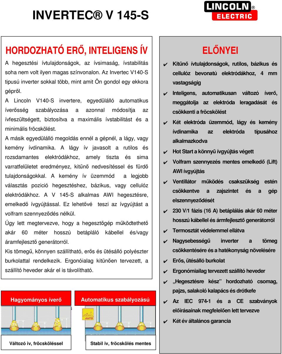 A Lincoln V140-S invertere, egyedülálló automatikus íversség szabályozása a azonnal módosítja az ívfeszültségett, biztosítva a maximális ívstabilitást és a minimális fröcskölést.