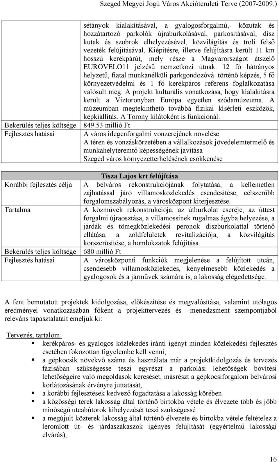 12 fő hátrányos helyzetű, fiatal munkanélküli parkgondozóvá történő képzés, 5 fő környezetvédelmi és 1 fő kerékpáros referens foglalkozatása valósult meg.