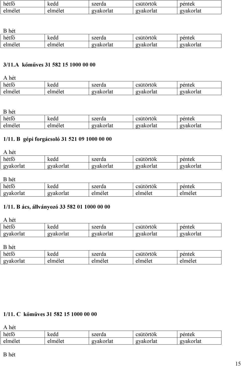 B gépi forgácsoló 31 521 09 1000 00 00 gyakorlat gyakorlat gyakorlat gyakorlat gyakorlat gyakorlat gyakorlat elmélet elmélet elmélet 1/11.