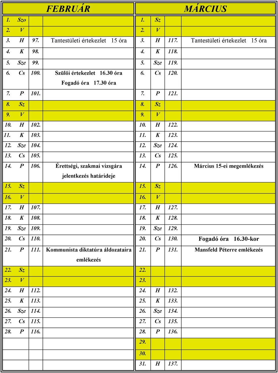 Érettségi, szakmai vizsgára 14. P 126. Március 15-ei megemlékezés jelentkezés határideje 15. Sz 15. Sz 16. V 16. V 17. H 107. 17. H 127. 18. K 108. 18. K 128. 19. Sze 109. 19. Sze 129. 20. Cs 110. 20. Cs 130.