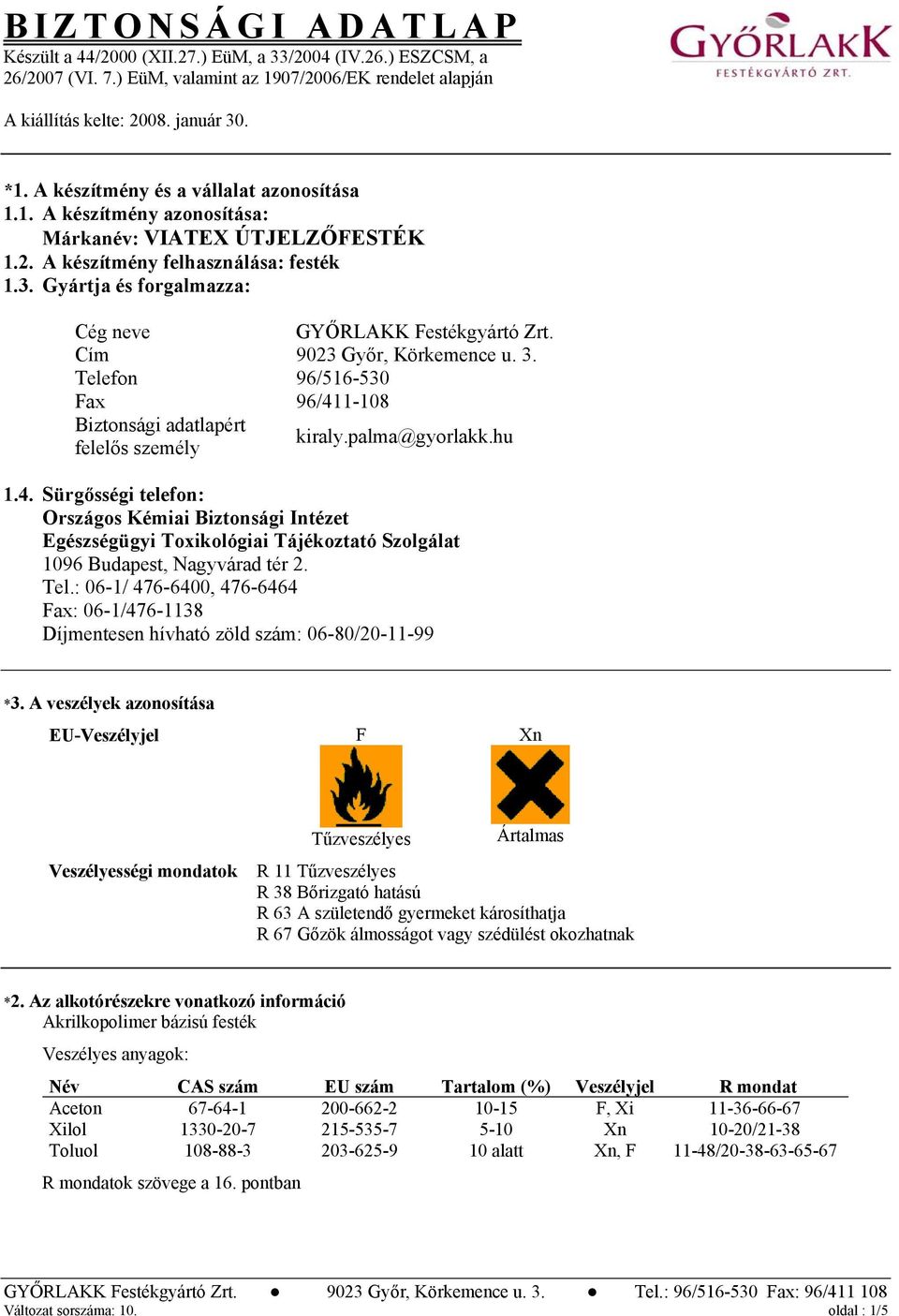 Gyártja és forgalmazza: Cég neve GYŐRLAKK Festékgyártó Zrt. Cím 9023 Győr, Körkemence u. 3. Telefon 96/516-530 Fax 96/41