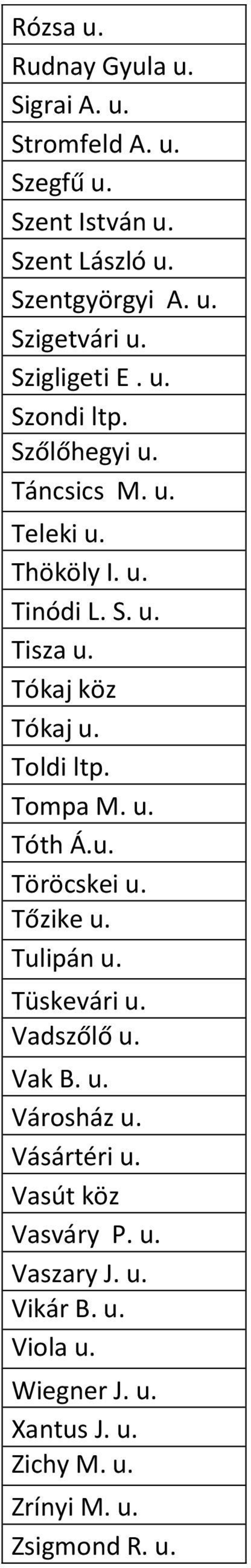 Toldi ltp. Tompa M. u. Tóth Á.u. Töröcskei u. Tőzike u. Tulipán u. Tüskevári u. Vadszőlő u. Vak B. u. Városház u. Vásártéri u.