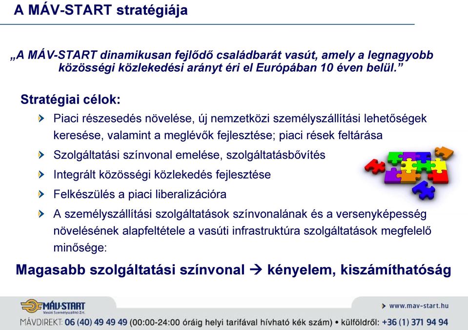 Szolgáltatási színvonal emelése, szolgáltatásbővítés Integrált közösségi közlekedés fejlesztése Felkészülés a piaci liberalizációra A személyszállítási