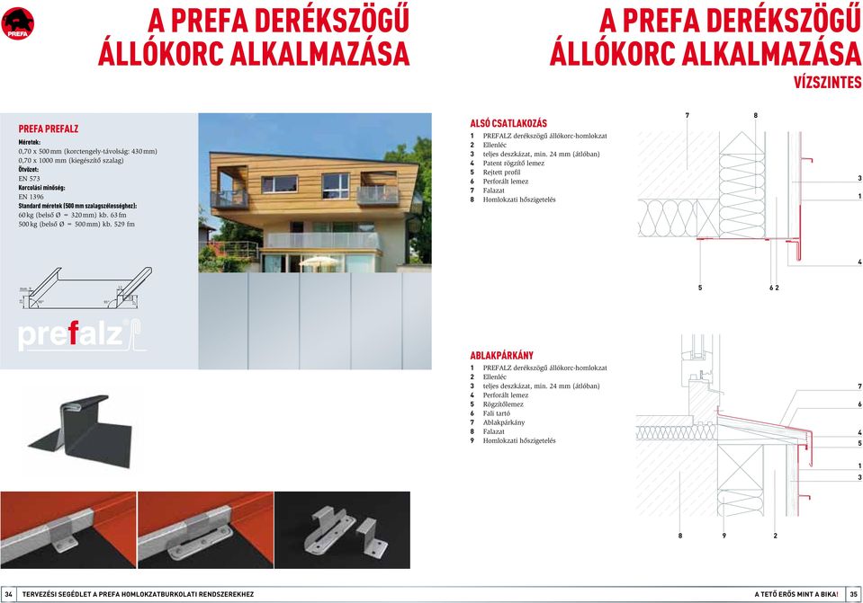 fm Alsó csatlakozás PREFALZ derékszögű állókorc-homlokzat Ellenléc teljes deszkázat, min. mm (átlóban) Patent rögzítő lemez Rejtett profil Perforált lemez Falazat Homlokzati hőszigetelés max.