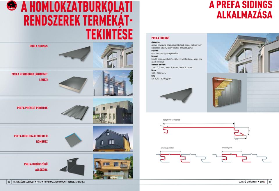 Bevonat: kiváló minőségű kétrétegű beégetett lakkozás vagy porszórt bevonat Standard méretek: x 0, mm, 00 x,0 mm, 00 x, mm Hossz: 00 00 mm Súly: kb.,0 -,0 kg/m B=A, z.b. 00 (Verlegemaß) A prefa sidings alkalmazása +0.