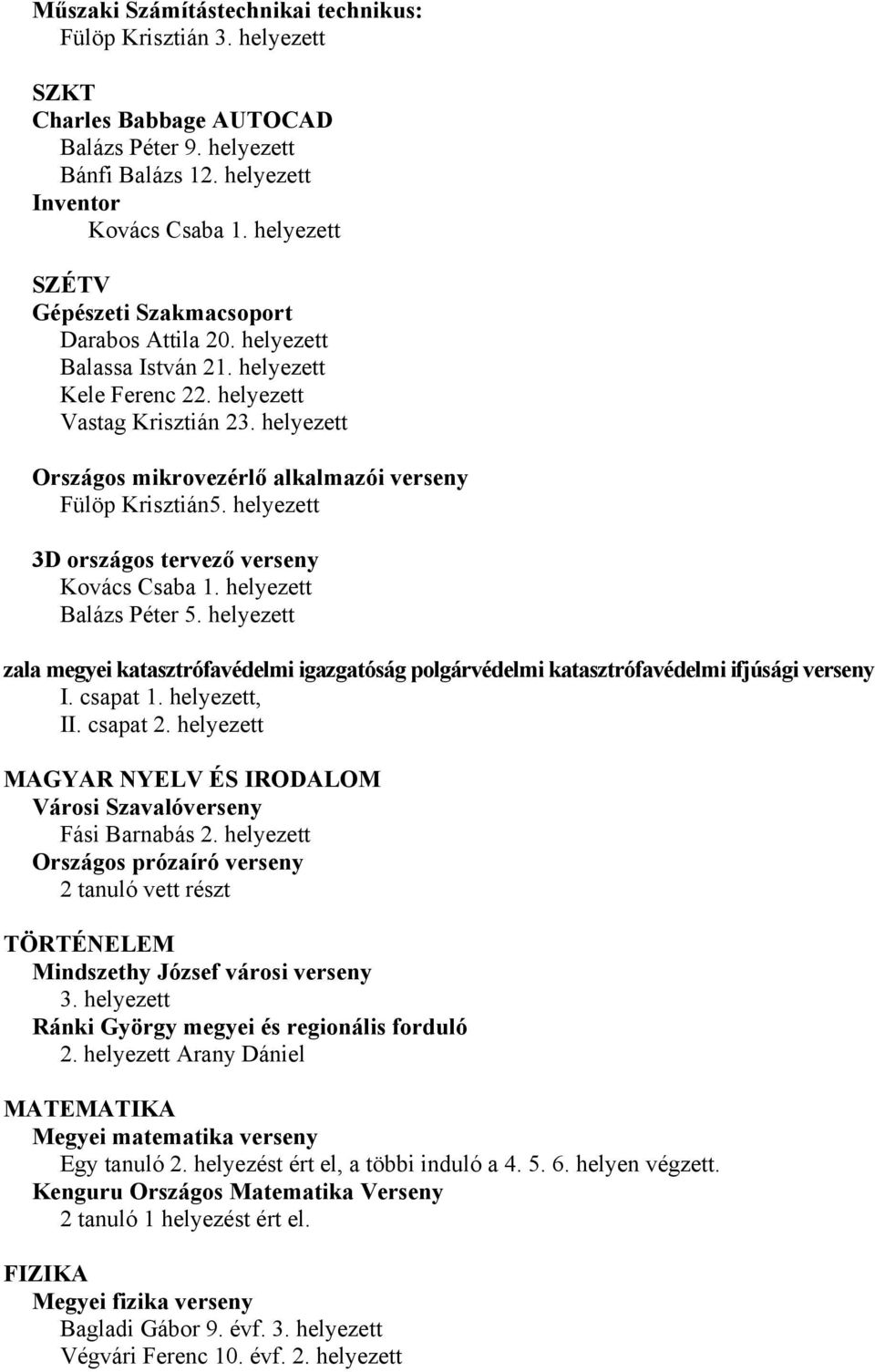 helyezett Országos mikrovezérlő alkalmazói verseny Fülöp Krisztián5. helyezett 3D országos tervező verseny Kovács Csaba 1. helyezett Balázs Péter 5.