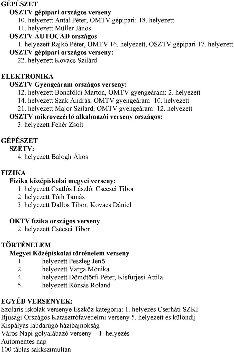 helyezett 14. helyezett Szak András, OMTV gyengeáram: 10. helyezett 21. helyezett Major Szilárd, OMTV gyengeáram: 12. helyezett OSZTV mikrovezérlő alkalmazói verseny országos: 3.