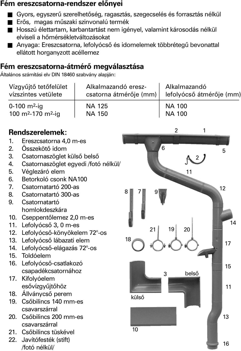 megválasztása Általános számítási elv DIN 18460 szabvány alapján: Vízgyûjtõ tetõfelület Alkalmazandó eresz- Alkalmazandó vízszintes vetülete csatorna átmérõje (mm) lefolyócsõ átmérõje (mm) 0-100 m 2