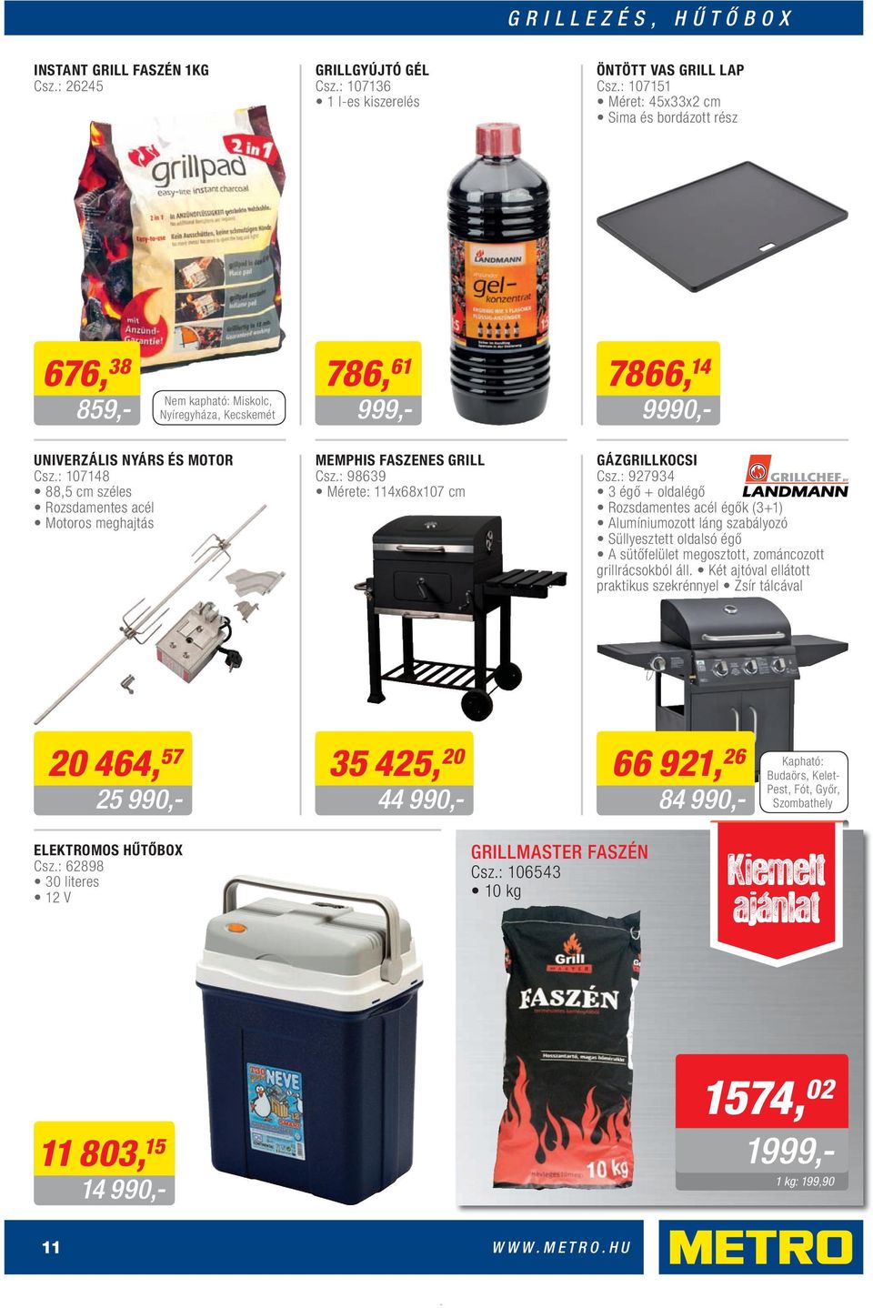 : 107148 88,5 cm széles Rozsdamentes acél Motoros meghajtás MEMPHIS FASZENES GRILL Csz.: 98639 Mérete: 114x68x107 cm GÁZGRILLKOCSI Csz.