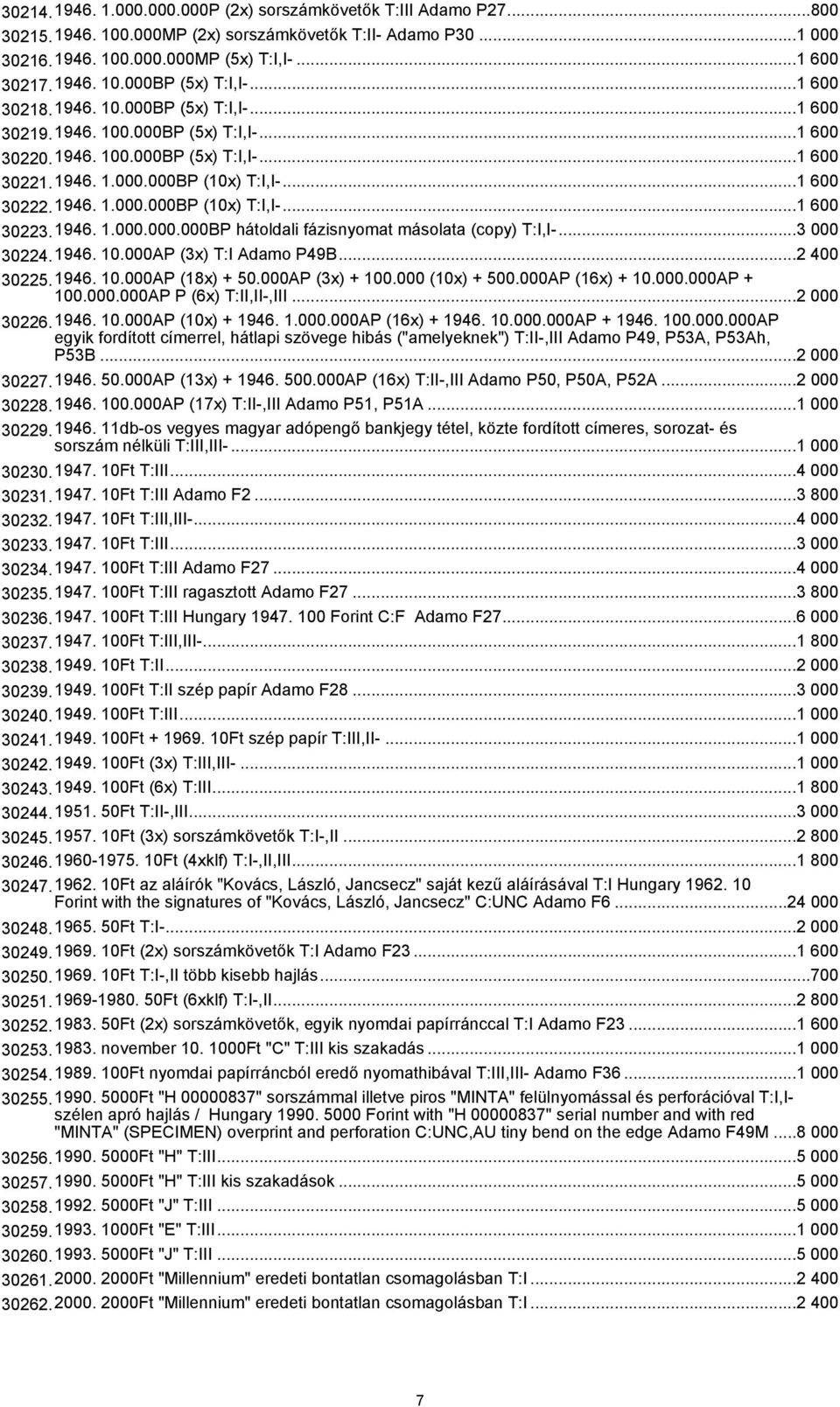 1946. 1.000.000.000BP hátoldali fázisnyomat másolata (copy) T:I,I-...3 000 30224.1946. 10.000AP (3x) T:I Adamo P49B...2 400 30225.1946. 10.000AP (18x) + 50.000AP (3x) + 100.000 (10x) + 500.