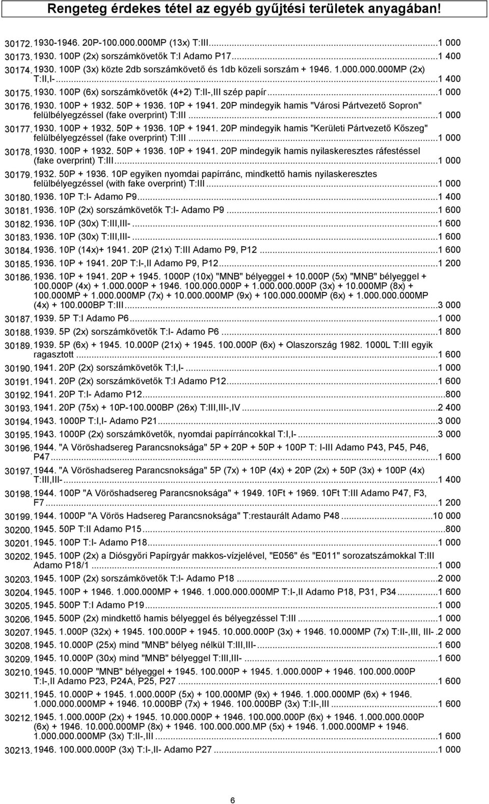 20P mindegyik hamis "Városi Pártvezető Sopron" felülbélyegzéssel (fake overprint) T:III...1 000 30177.1930. 100P + 1932. 50P + 1936. 10P + 1941.