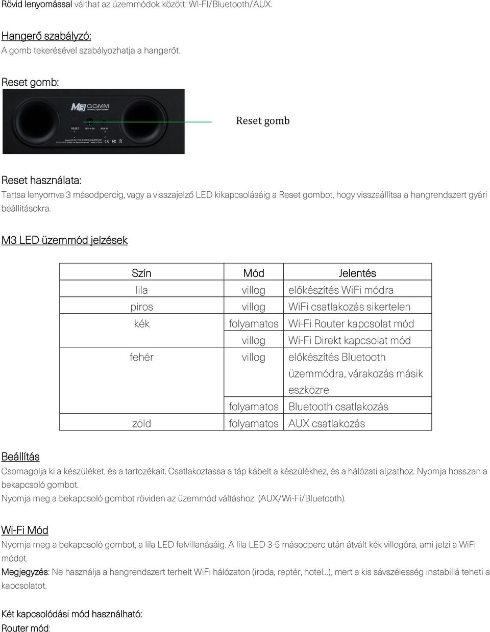 M3 LED üzemmód jelzések Szín Mód Jelentés lila villog előkészítés WiFi módra piros villog WiFi csatlakozás sikertelen kék folyamatos Wi-Fi Router kapcsolat mód villog Wi-Fi Direkt kapcsolat mód fehér