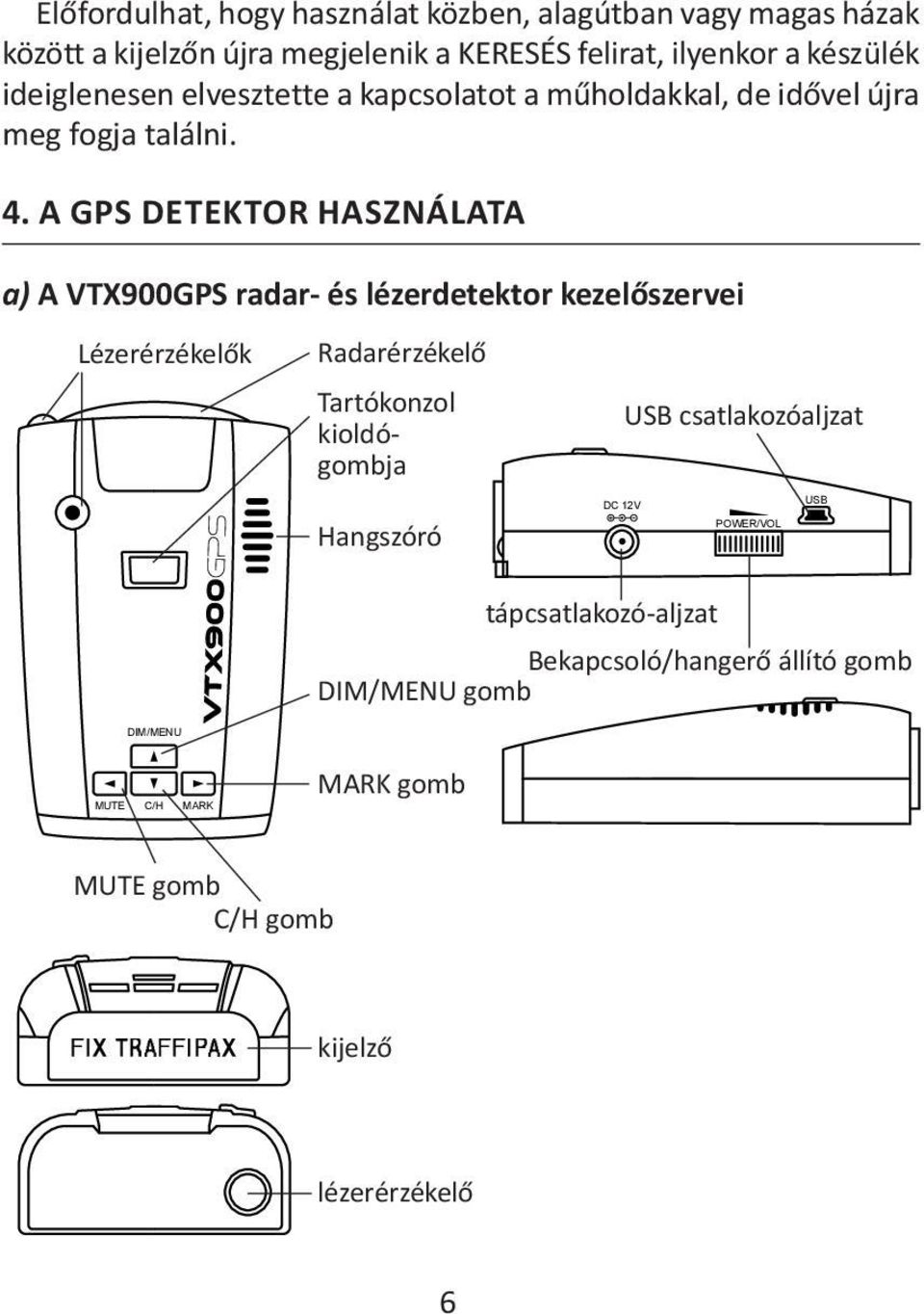 A GPS DETEKTOR HASZNÁLATA a) A VTX900GPS radar- és lézerdetektor kezelőszervei Lézerérzékelők Radarérzékelő Tartókonzol kioldógombja