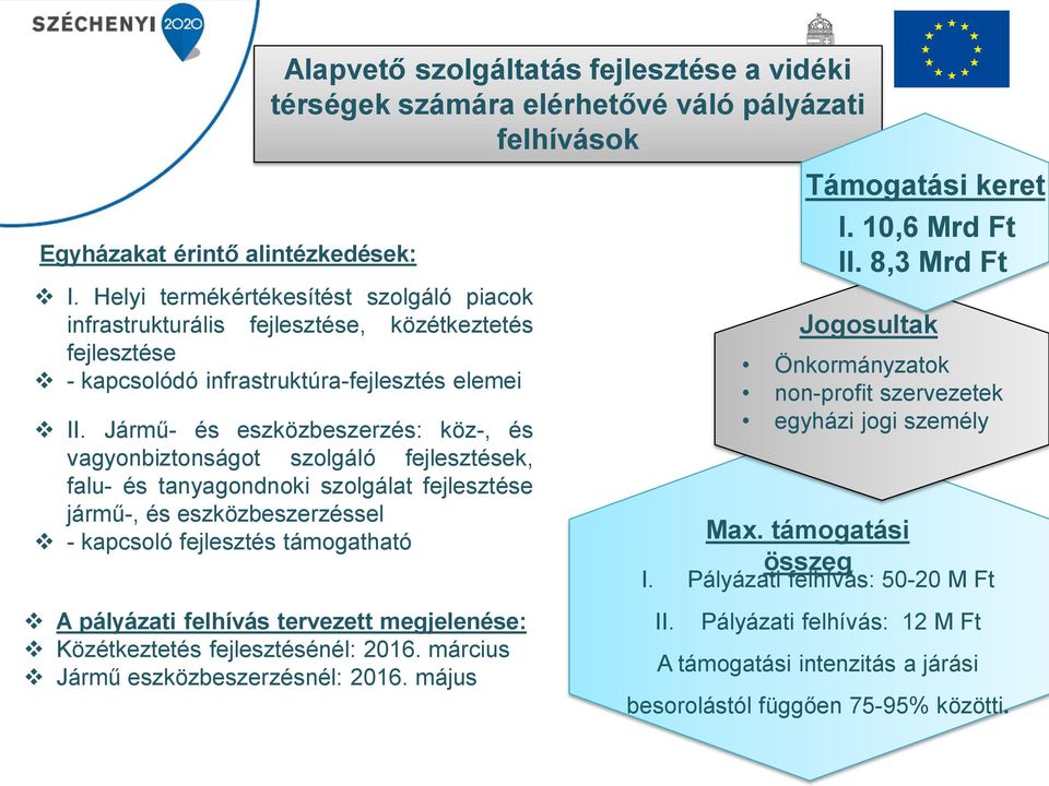 Jármű- és eszközbeszerzés: köz-, és vagyonbiztonságot szolgáló fejlesztések, falu- és tanyagondnoki szolgálat fejlesztése jármű-, és eszközbeszerzéssel - kapcsoló fejlesztés támogatható A pályázati