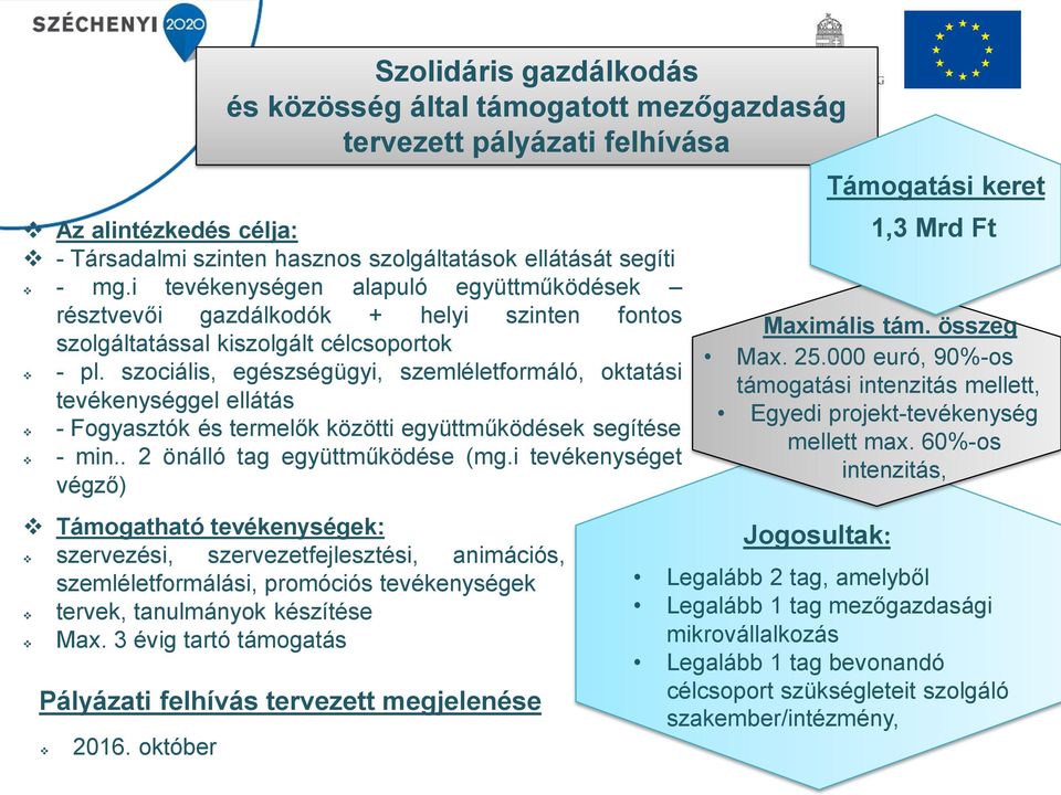 szociális, egészségügyi, szemléletformáló, oktatási tevékenységgel ellátás - Fogyasztók és termelők közötti együttműködések segítése - min.. 2 önálló tag együttműködése (mg.