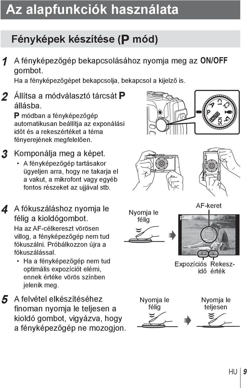 A fényképezőgép tartásakor ügyeljen arra, hogy ne takarja el a vakut, a mikrofont vagy egyéb fontos részeket az ujjával stb. 4 A fókuszáláshoz nyomja le félig a kioldógombot.