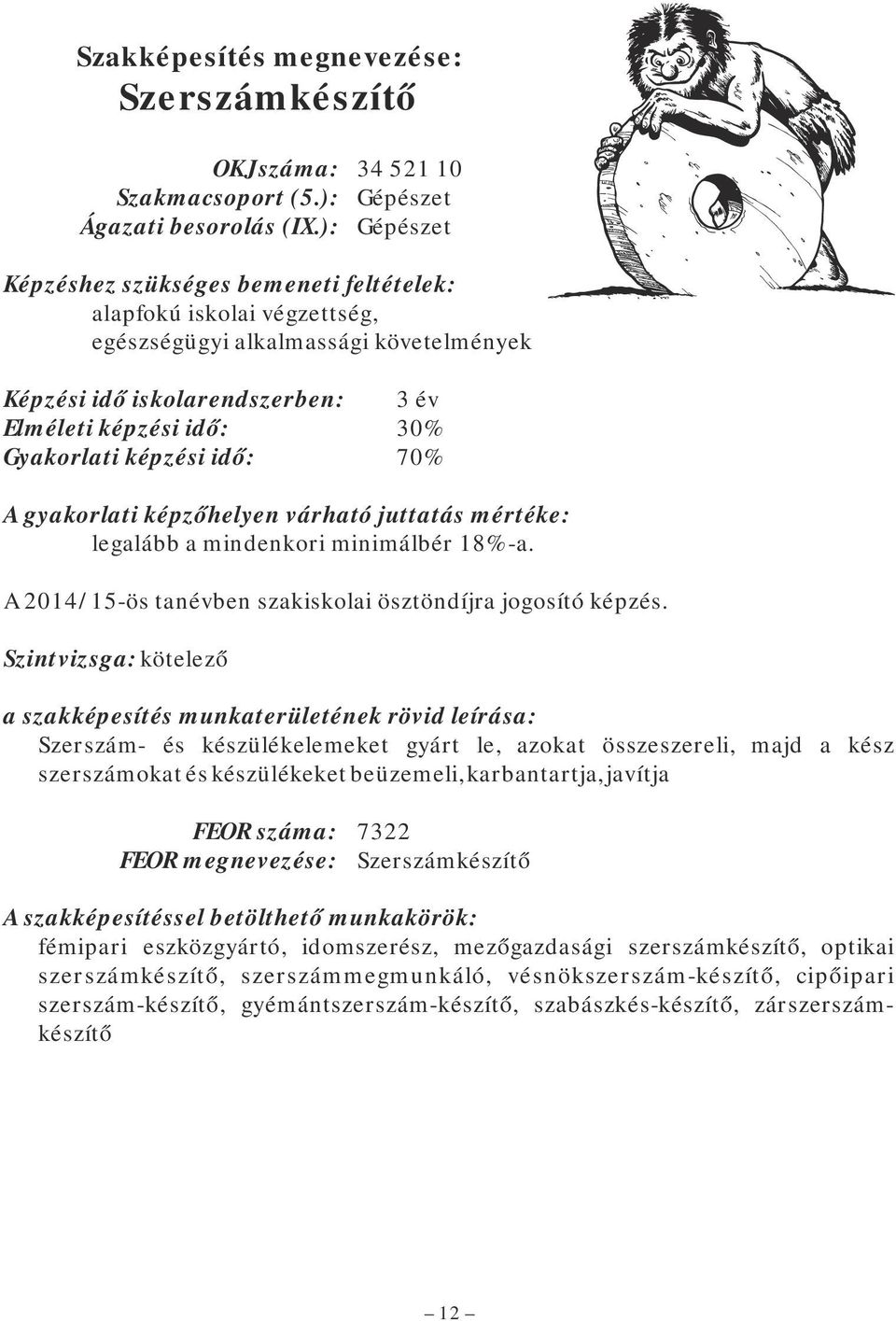 képzési idő: 70% A gyakorlati képzőhelyen várható juttatás mértéke: legalább a mindenkori minimálbér 18%-a. A 2014/15-ös tanévben szakiskolai ösztöndíjra jogosító képzés.