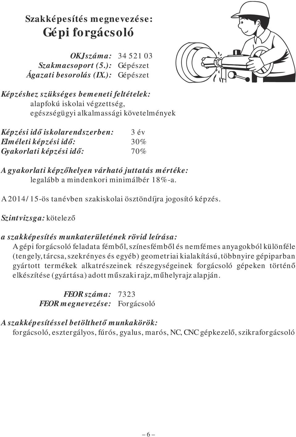 képzési idő: 70% A gyakorlati képzőhelyen várható juttatás mértéke: legalább a mindenkori minimálbér 18%-a. A 2014/15-ös tanévben szakiskolai ösztöndíjra jogosító képzés.