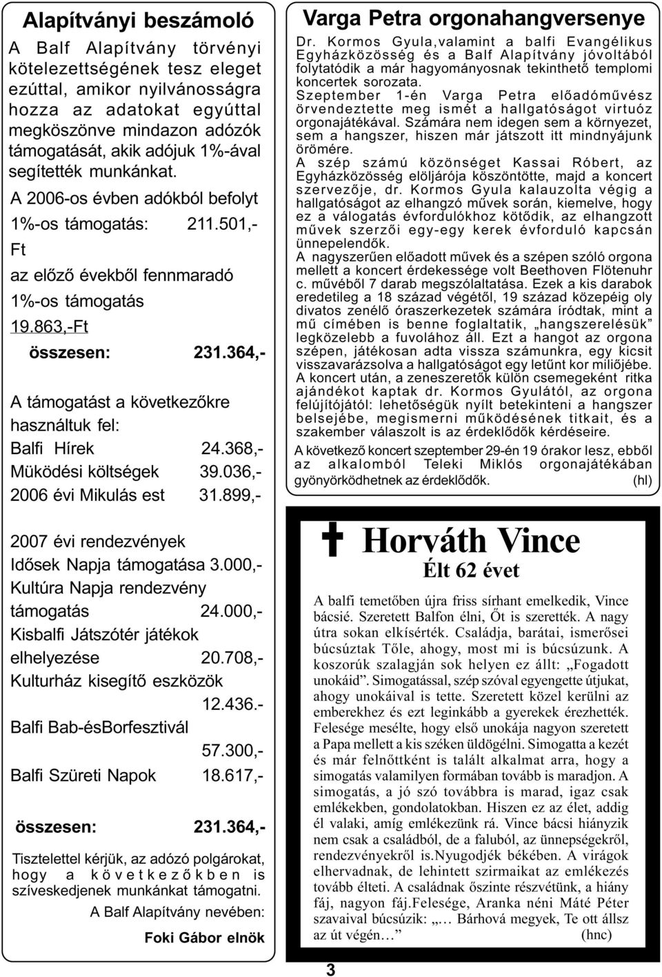364,- A támogatást a következõkre használtuk fel: Balfi Hírek 24.368,- Müködési költségek 39.036,- 2006 évi Mikulás est 31.899,- 2007 évi rendezvények Idõsek Napja támogatása 3.